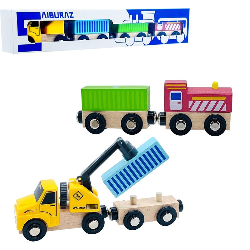 SAIBURAZ Wooden Trains Cars with Crane Magnetic Train Toys for Wooden Train Tracks Train Sets for Toddlers and Kids Ages 3 Crane Train - Image 3