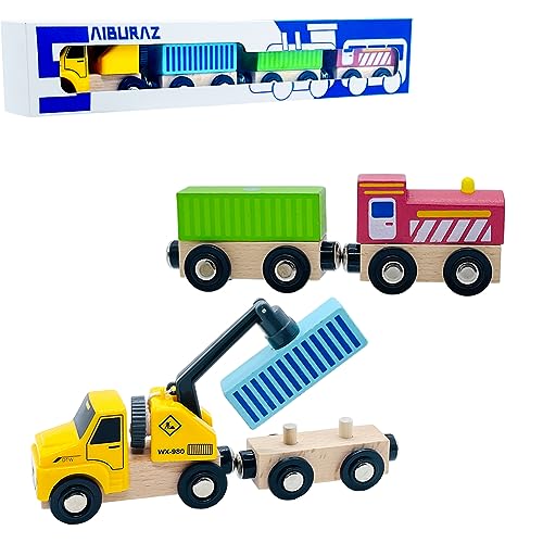 SAIBURAZ Wooden Trains Cars with Crane Magnetic Train Toys for Wooden Train Tracks Train Sets for Toddlers and Kids Ages 3 Crane Train - Image 1