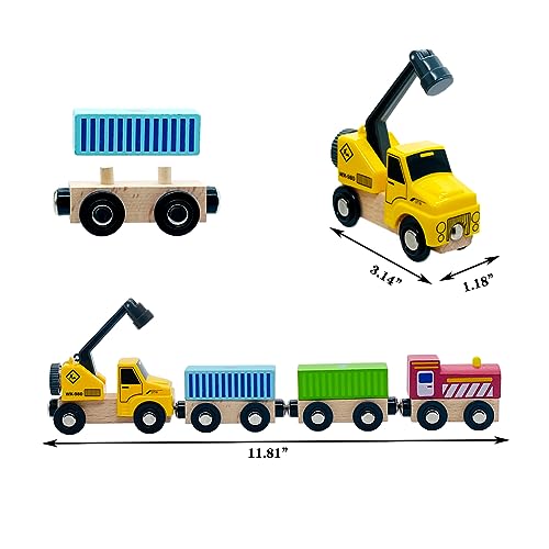 SAIBURAZ Wooden Trains Cars with Crane Magnetic Train Toys for Wooden Train Tracks Train Sets for Toddlers and Kids Ages 3 Crane Train - Image 5