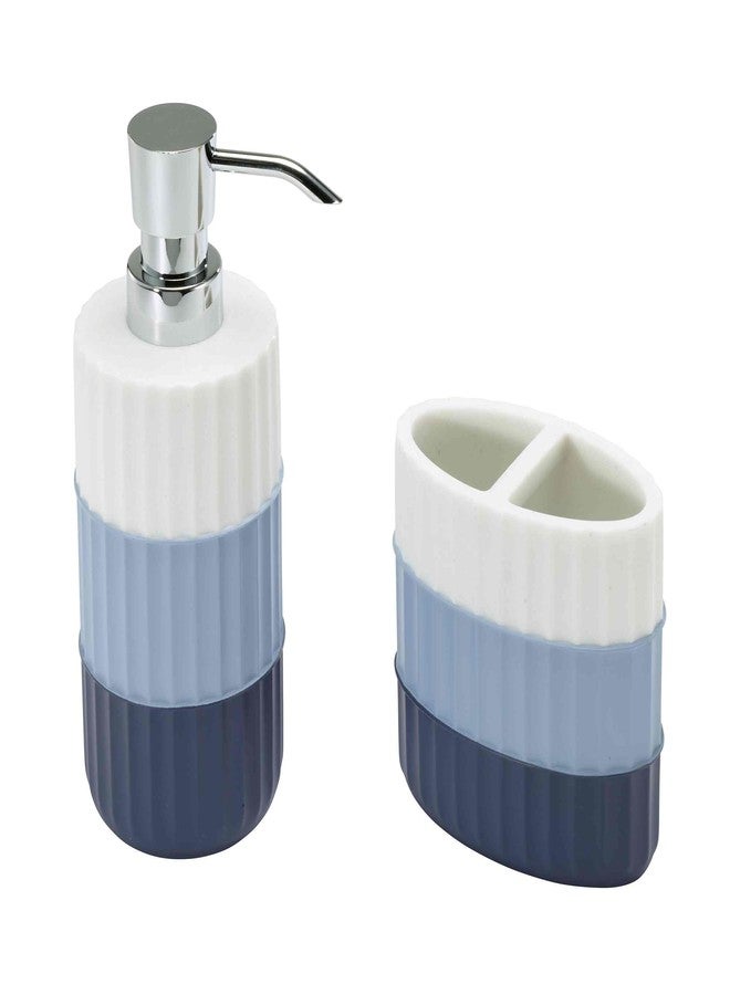 Izod - Bathroom Set, 2pc Countertop Accessories, Striped Resin Toothbrush Holder & Lotion Pump, Dorm Room Essentials (Clubhouse Collection, Blue) - Image 1