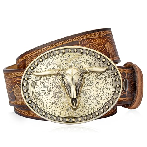 BISON DENIM Men's Western Double embossed leather belts with golden Cowboy Longhorn Bull Pattern Floral Engraved Buckle Belt studded buckle replaceable belt buckle - Image 1
