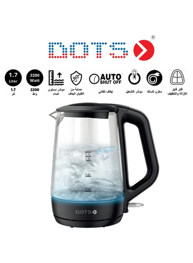 DOTS Glass Electric Kettle 2200W, 1.7L Capacity, Light Indicator & Boil-Dry Protection - Image 1