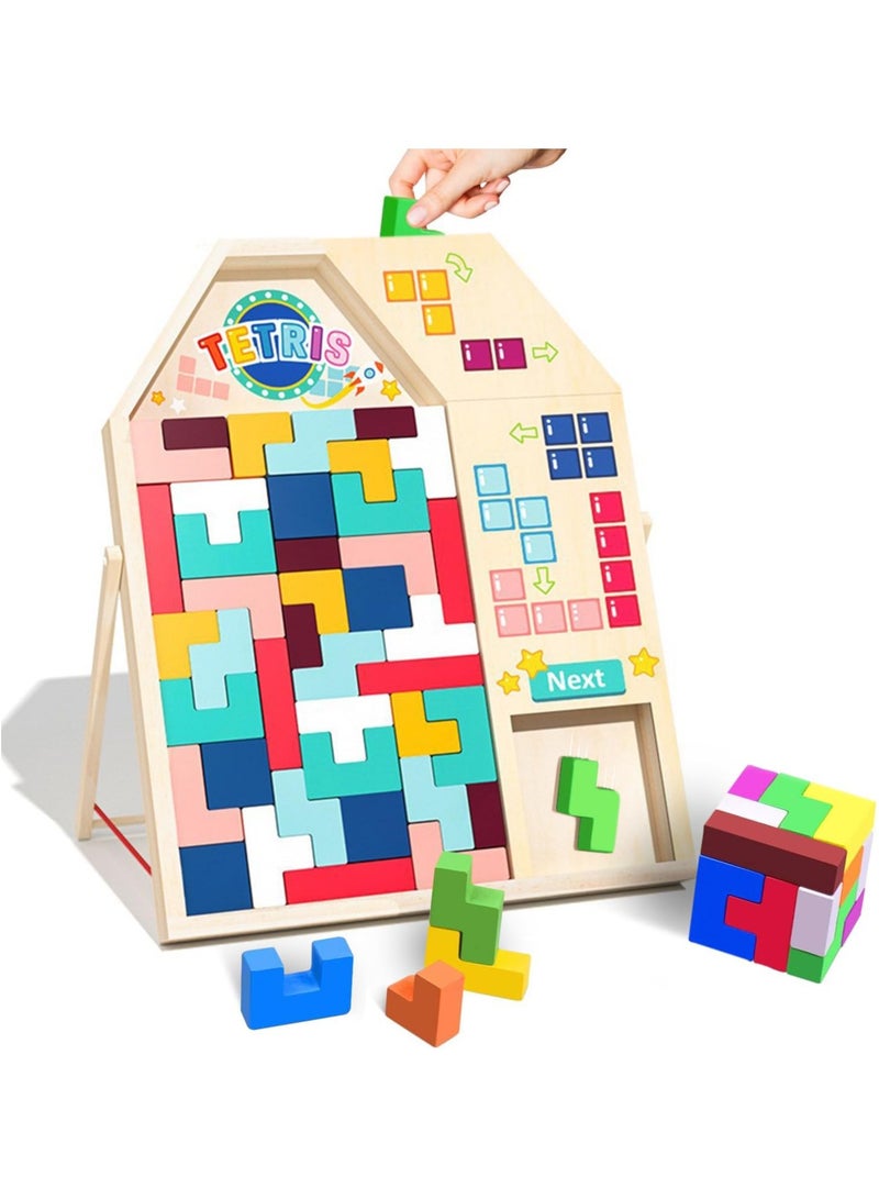 Jorunb Wooden Blocks Puzzles for Kids Ages 4-8, Thick 3D Russian Blocks Brain Teasers Tangram Jigsaw, STEM Intelligence Toys,Montessori Educational Gift for Toddlers Kids,Cabin - Image 1