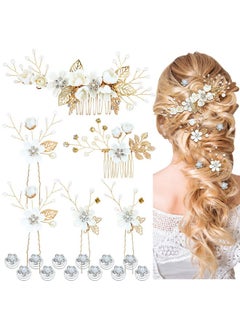 Cinaci Cinaci 18 Pieces Bridal Wedding Party Prom Pearl Rhinestone White Flower Hair Side Combs Slides+U-shaped Flower Hair Pins+Twist Spiral Hairpins Floral Headpieces for Brides Bridesmaids Women Girls  - Image 1