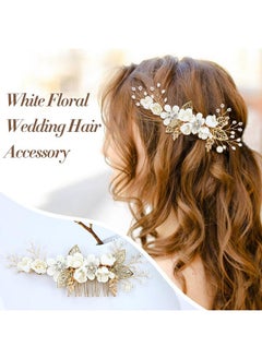 Cinaci Cinaci 18 Pieces Bridal Wedding Party Prom Pearl Rhinestone White Flower Hair Side Combs Slides+U-shaped Flower Hair Pins+Twist Spiral Hairpins Floral Headpieces for Brides Bridesmaids Women Girls  - Image 2