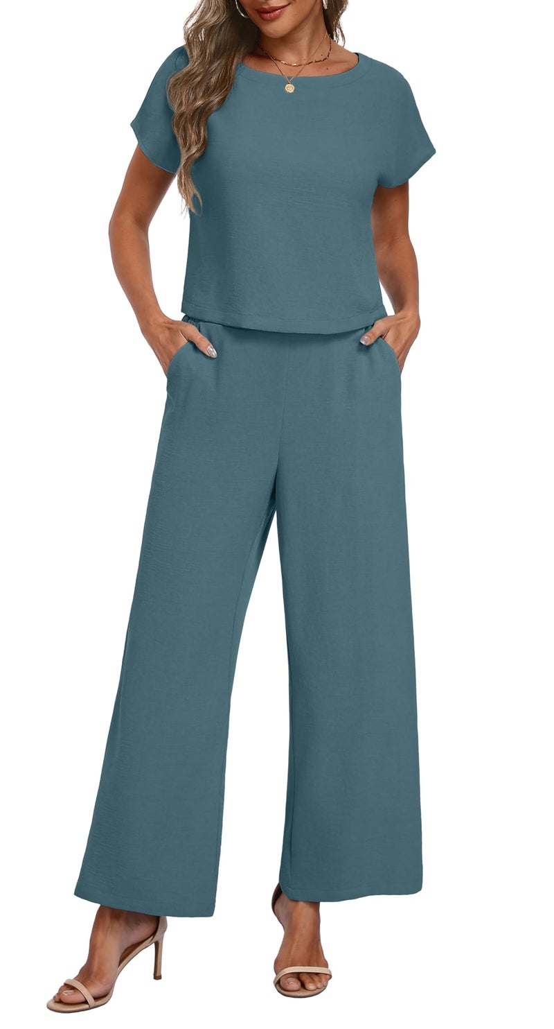 Lepunuo Summer Womenâ€™s 2 Piece Outfits for Women Casual Cap Sleeve Top and Flowy Wide Leg Pants Sets Lounge Set - Image 1