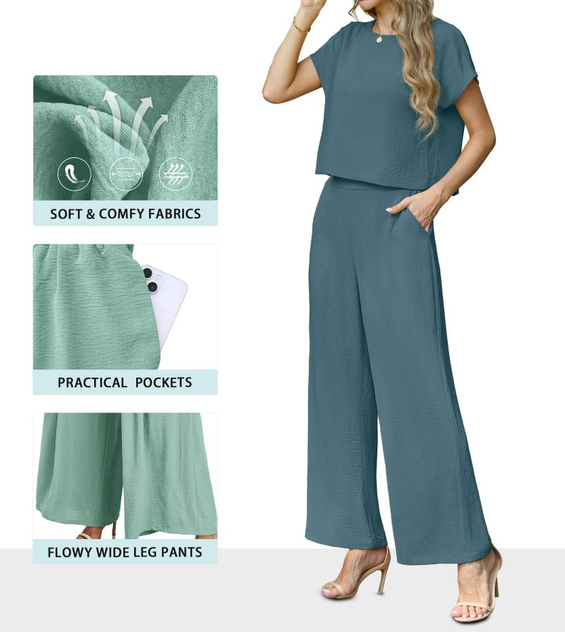 Lepunuo Summer Womenâ€™s 2 Piece Outfits for Women Casual Cap Sleeve Top and Flowy Wide Leg Pants Sets Lounge Set - Image 2
