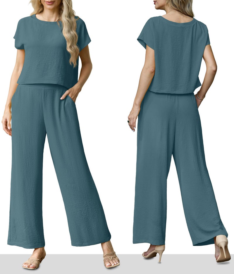 Lepunuo Summer Womenâ€™s 2 Piece Outfits for Women Casual Cap Sleeve Top and Flowy Wide Leg Pants Sets Lounge Set - Image 4