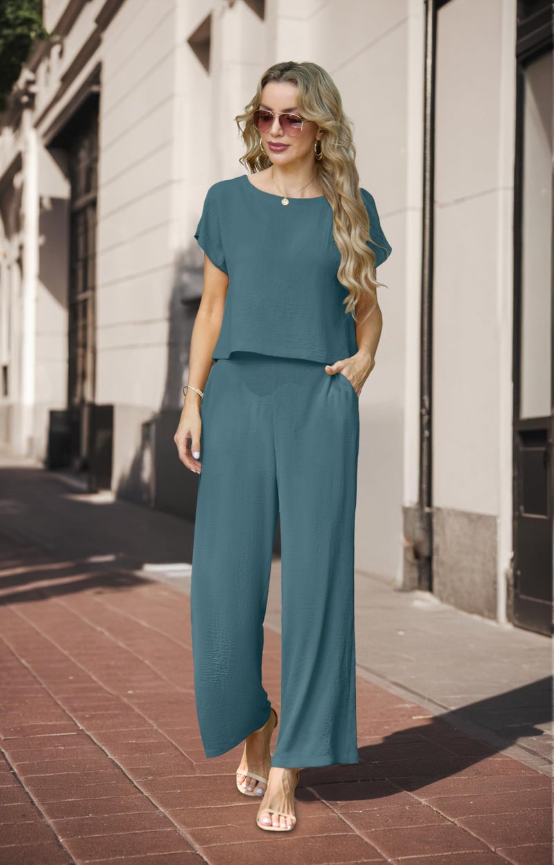 Lepunuo Summer Womenâ€™s 2 Piece Outfits for Women Casual Cap Sleeve Top and Flowy Wide Leg Pants Sets Lounge Set - Image 3