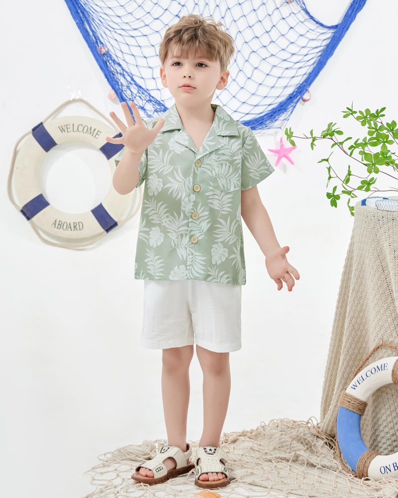 YALLET Toddler Boy Clothes Summer Outfits Short Sleeve Button Down Shirt+Shorts Baby Boy Beach Casual Clothes (Light Green Print, 3-4T) - Image 3