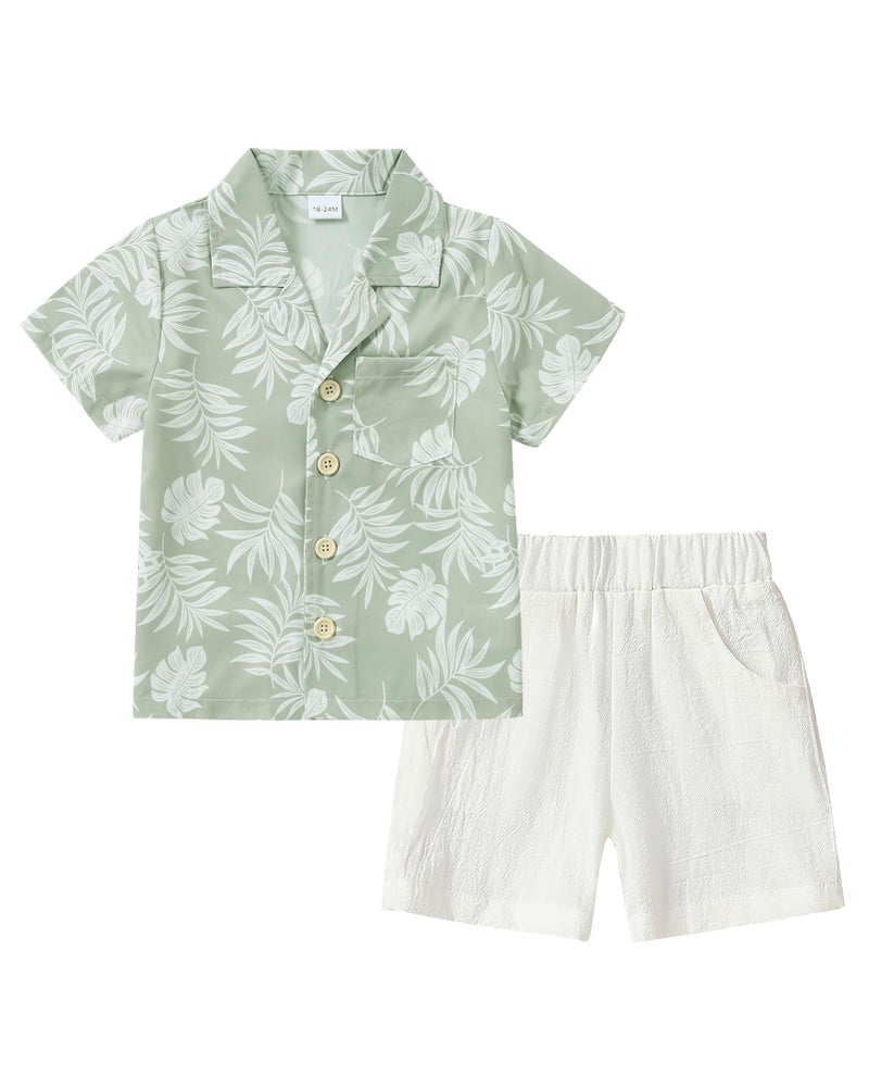 YALLET Toddler Boy Clothes Summer Outfits Short Sleeve Button Down Shirt+Shorts Baby Boy Beach Casual Clothes (Light Green Print, 3-4T) - Image 1
