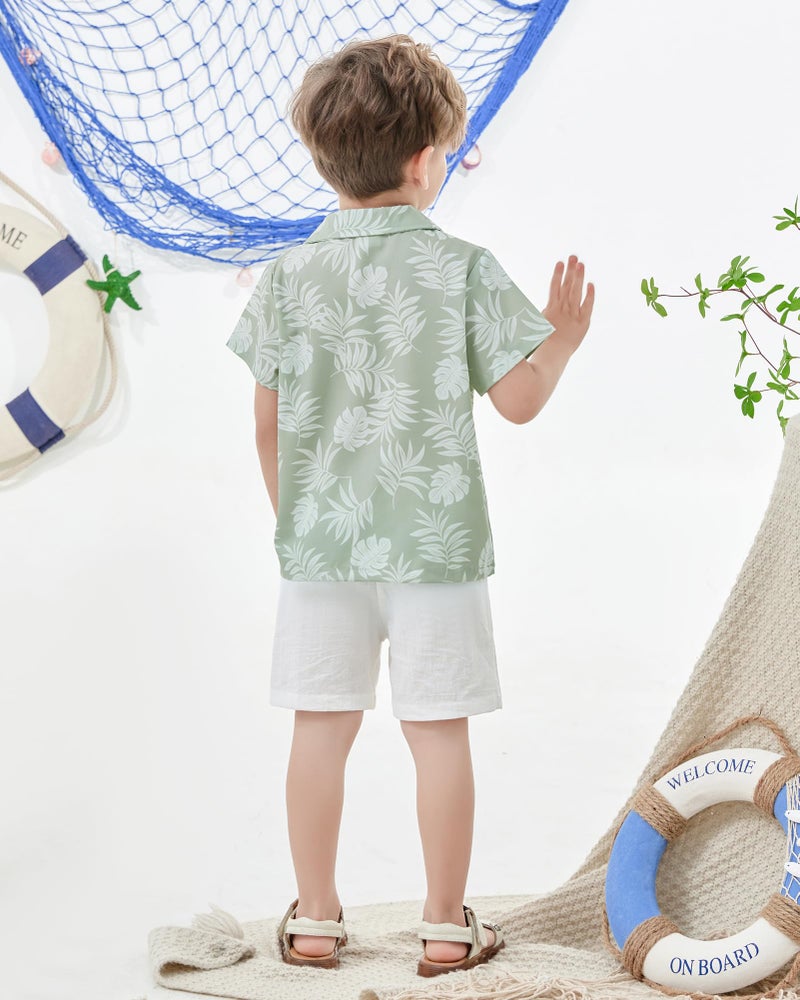 YALLET Toddler Boy Clothes Summer Outfits Short Sleeve Button Down Shirt+Shorts Baby Boy Beach Casual Clothes (Light Green Print, 3-4T) - Image 4