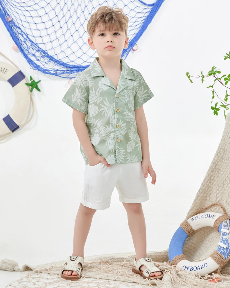 YALLET Toddler Boy Clothes Summer Outfits Short Sleeve Button Down Shirt+Shorts Baby Boy Beach Casual Clothes (Light Green Print, 3-4T) - Image 2