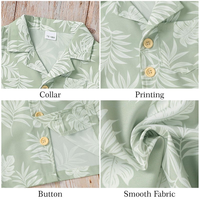 YALLET Toddler Boy Clothes Summer Outfits Short Sleeve Button Down Shirt+Shorts Baby Boy Beach Casual Clothes (Light Green Print, 3-4T) - Image 5