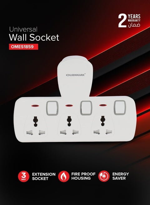 Olsenmark 3-Way Universal Wall Socket with Individual Switches | PP Fireproof Housing, Copper Parts & Child Safety Shutter | Ideal for Home & Office | White, 2-Year Warranty