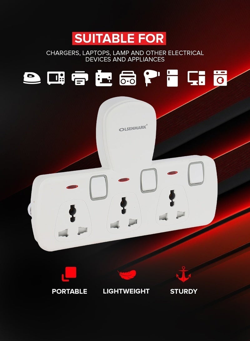 Olsenmark متعدد التوصيل محول تمديد الطاقة 3 طريقة العالمي الجدار 3 دبوس المقبس للمنزل والمكتب والمطبخ - Image 3