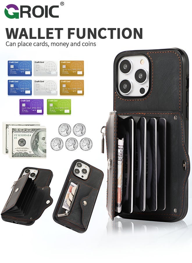 GROIC iPhone 15 Pro Max Wallet Case for Women, Support Wireless Charging with RFID Blocking Card Holder, PU Leather Zipper Detachable Shockproof Magnetic Phone Wrist Strap - Image 4