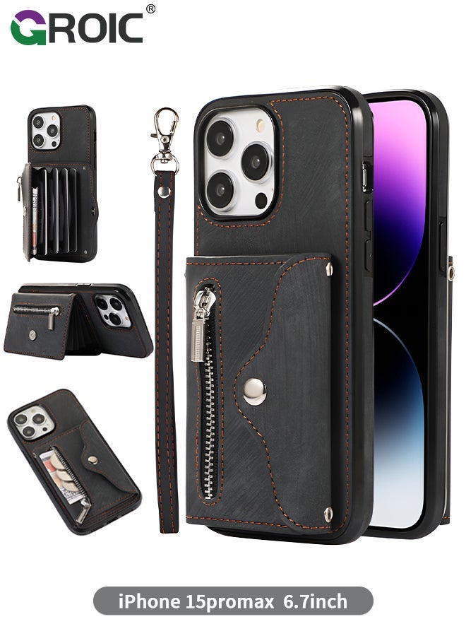 GROIC iPhone 15 Pro Max Wallet Case for Women, Support Wireless Charging with RFID Blocking Card Holder, PU Leather Zipper Detachable Shockproof Magnetic Phone Wrist Strap - Image 1
