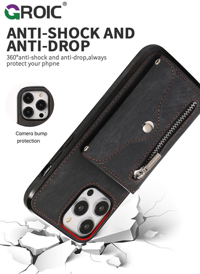 GROIC iPhone 15 Pro Max Wallet Case for Women, Support Wireless Charging with RFID Blocking Card Holder, PU Leather Zipper Detachable Shockproof Magnetic Phone Wrist Strap - Image 5