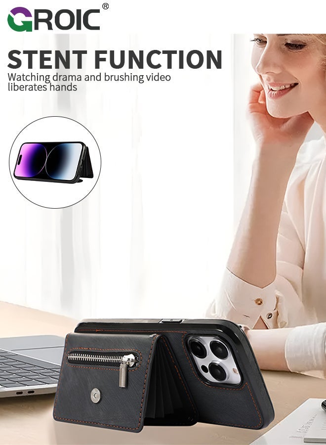 GROIC iPhone 15 Pro Max Wallet Case for Women, Support Wireless Charging with RFID Blocking Card Holder, PU Leather Zipper Detachable Shockproof Magnetic Phone Wrist Strap - Image 3