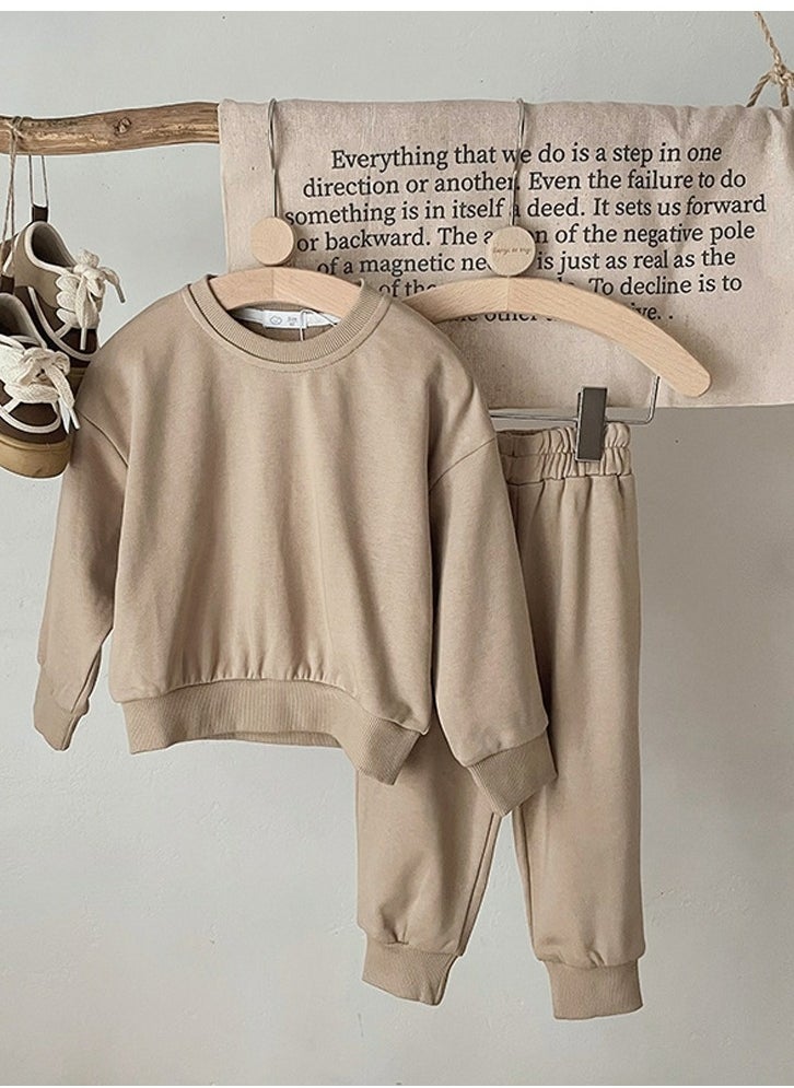 Loquat - Kid's Round Neck Tracksuit Pullover Sweatshirt Jogging Pants Set 2 Pieces Sweatsuit Brown - Image 1