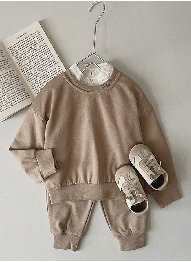 Loquat - Kid's Round Neck Tracksuit Pullover Sweatshirt Jogging Pants Set 2 Pieces Sweatsuit Brown - Image 1
