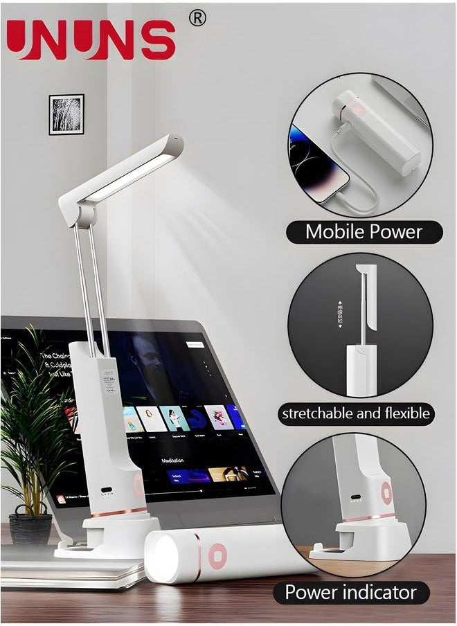 UNUNS LED Desk Table Lamp,2 In 1 Flashlight And Lamp With Phone Holder,USB Charging Port,3 Brightness,Adjustable Foldable Arms,Phone Charger,White  - Image 2