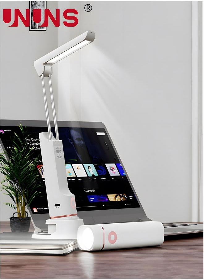 UNUNS LED Desk Table Lamp,2 In 1 Flashlight And Lamp With Phone Holder,USB Charging Port,3 Brightness,Adjustable Foldable Arms,Phone Charger,White  - Image 1