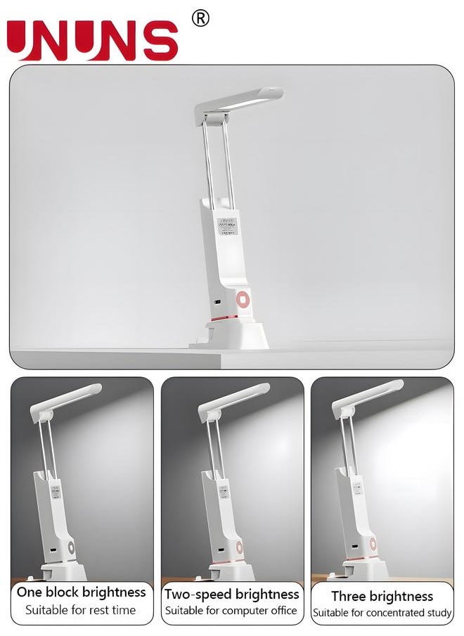 UNUNS - LED Desk Table Lamp,2 In 1 Flashlight And Lamp With Phone Holder,USB Charging Port,3 Brightness,Adjustable Foldable Arms,Phone Charger,White - Image 1