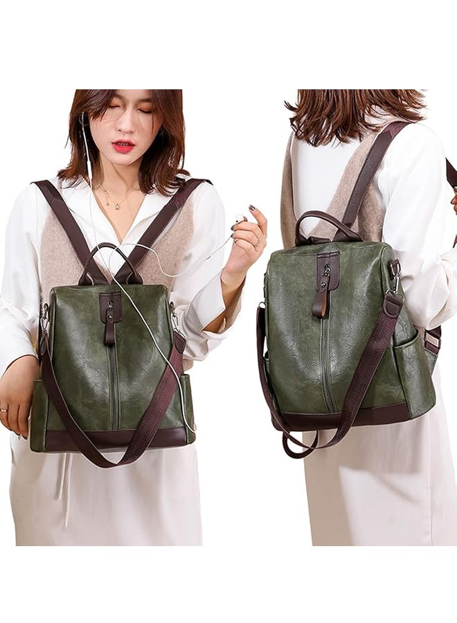 SHABILI Women PU Backpack Back Bag College Shoulder Tourist School Bag, Ladies Large-Capacity Multi-Pocket Wear-Resistant Anti-Theft Daypack, Teen Youth Casual Party Travel Work Rucksack Carryall (Green) - Image 2