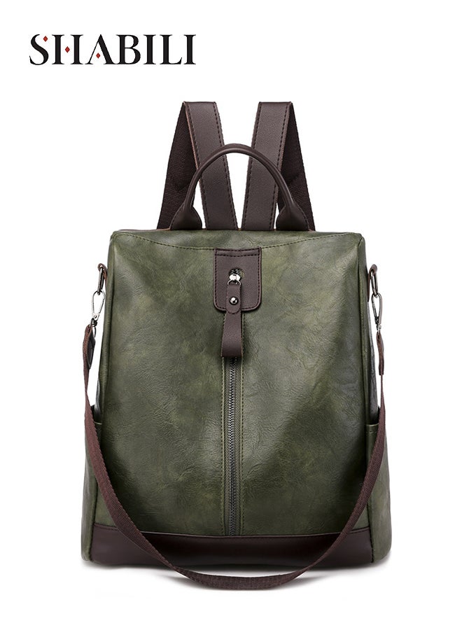 SHABILI Women PU Backpack Back Bag College Shoulder Tourist School Bag, Ladies Large-Capacity Multi-Pocket Wear-Resistant Anti-Theft Daypack, Teen Youth Casual Party Travel Work Rucksack Carryall (Green) - Image 1