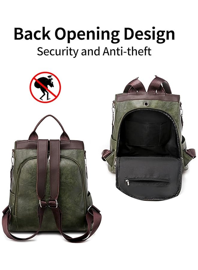 SHABILI Women PU Backpack Back Bag College Shoulder Tourist School Bag, Ladies Large-Capacity Multi-Pocket Wear-Resistant Anti-Theft Daypack, Teen Youth Casual Party Travel Work Rucksack Carryall (Green) - Image 4