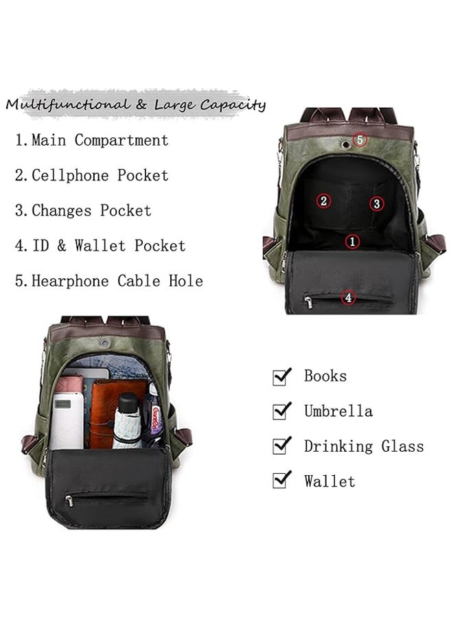 SHABILI Women PU Backpack Back Bag College Shoulder Tourist School Bag, Ladies Large-Capacity Multi-Pocket Wear-Resistant Anti-Theft Daypack, Teen Youth Casual Party Travel Work Rucksack Carryall (Green) - Image 3