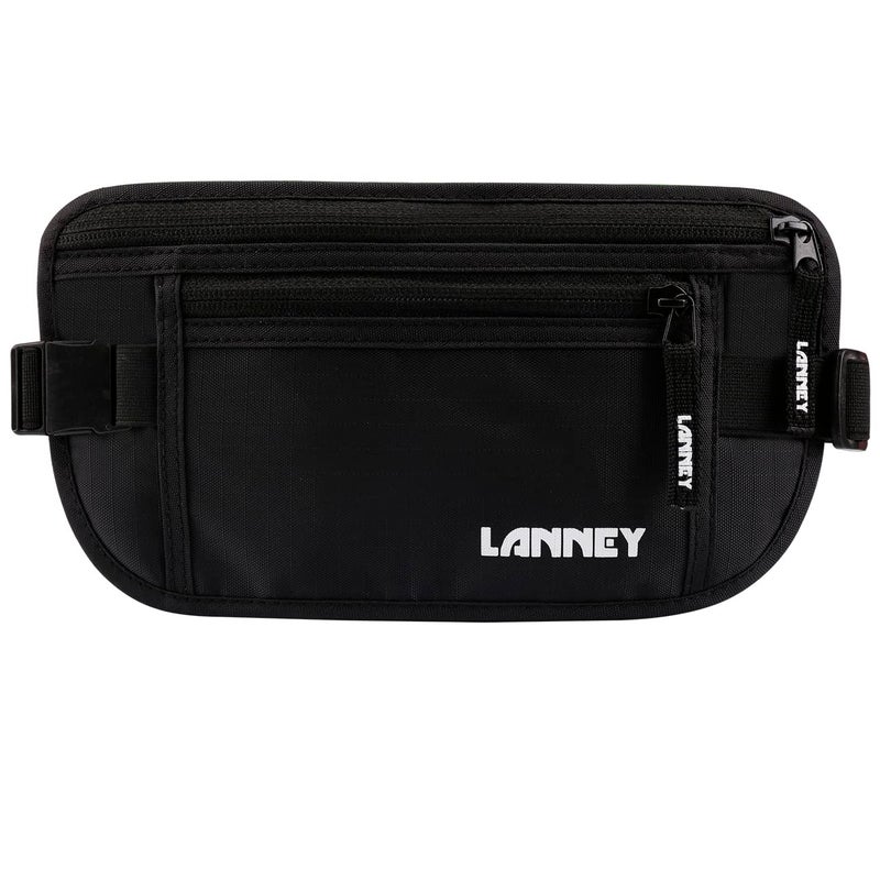 LANNEY Money Belt for Travel, Slim RFID Blocking Women and Men hidden Travel Pouch Under Clothes, Passport Holder Protect Cash, Documents, Credit Card, Black, Bonus 2 RFID Sleeves  - Image 1