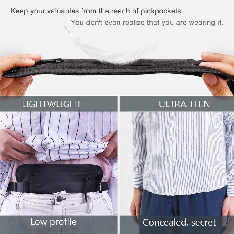 LANNEY Money Belt for Travel, Slim RFID Blocking Women and Men hidden Travel Pouch Under Clothes, Passport Holder Protect Cash, Documents, Credit Card, Black, Bonus 2 RFID Sleeves  - Image 3
