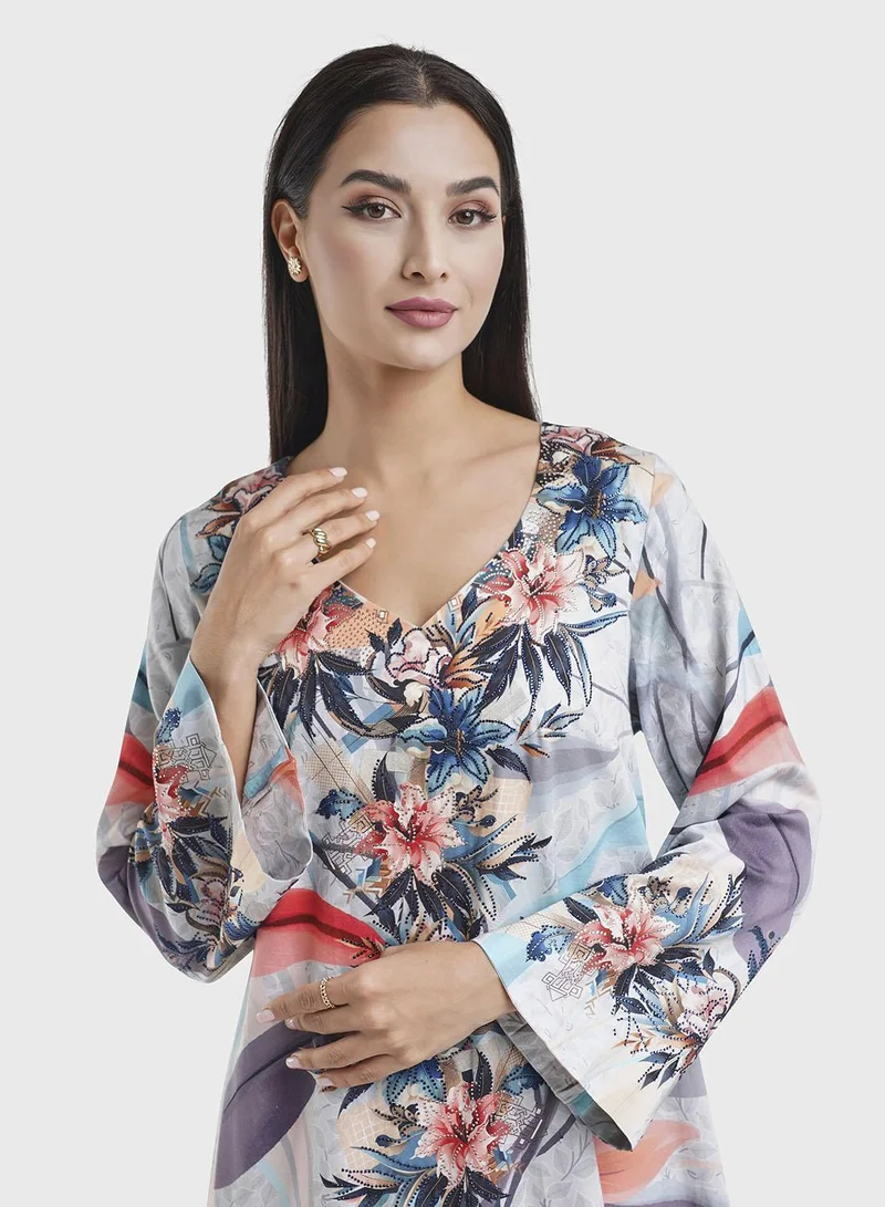 كشخة جلابية ساتان قطن رمادي حمامي بطبعة زهور رقمية