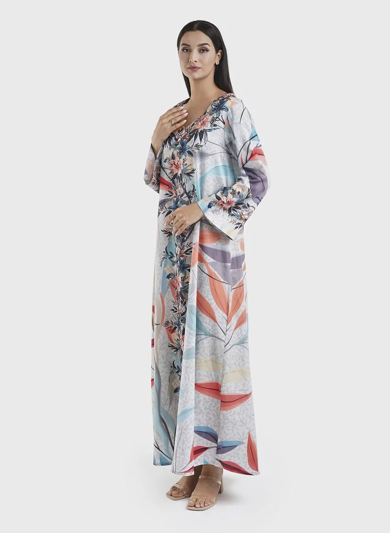 KASHKHA Cotton Satin Dove Grey, Digital Floral Print Jalabiya  (VDM885)