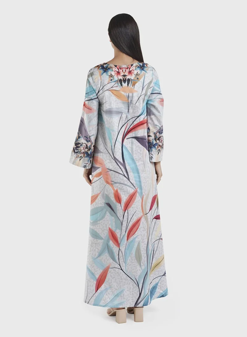 KASHKHA Cotton Satin Dove Grey, Digital Floral Print Jalabiya  (VDM885)