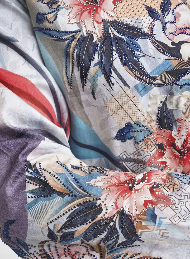 KASHKHA Cotton Satin Dove Grey, Digital Floral Print Jalabiya  (VDM885)