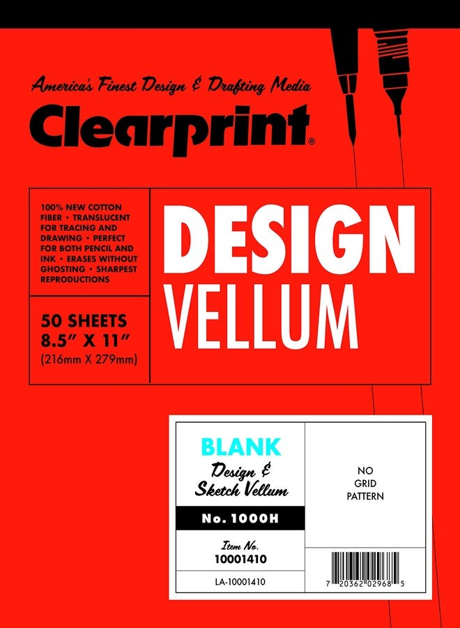 Clearprint 8-1/2" x 11" 1000H Design Vellum Pad, 16 lb., 100% Cotton, 50 Sheets, 1 Each
