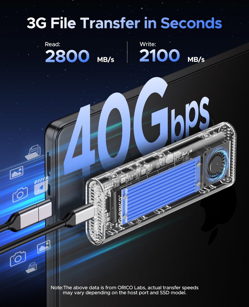 ORICO 40Gbps M.2 NVMe SSD Enclosure with Built-in Cooling Fan, Tool-Free External Hard Drive Enclosure, Support 2230 2242 2260 2280(M Key), Compatible with Thunderbolt 3/4 USB4/3.2/3.1/3.0/2.0-TCM2U4 - Image 2