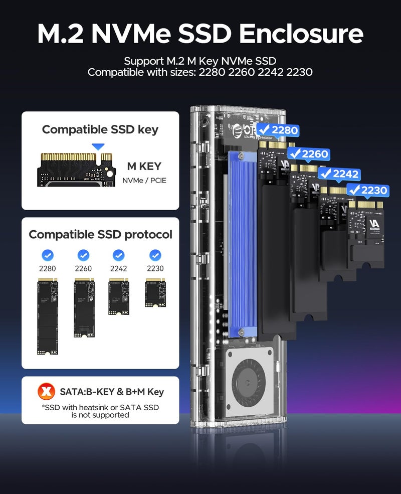 ORICO 40Gbps M.2 NVMe SSD Enclosure with Built-in Cooling Fan, Tool-Free External Hard Drive Enclosure, Support 2230 2242 2260 2280(M Key), Compatible with Thunderbolt 3/4 USB4/3.2/3.1/3.0/2.0-TCM2U4 - Image 5