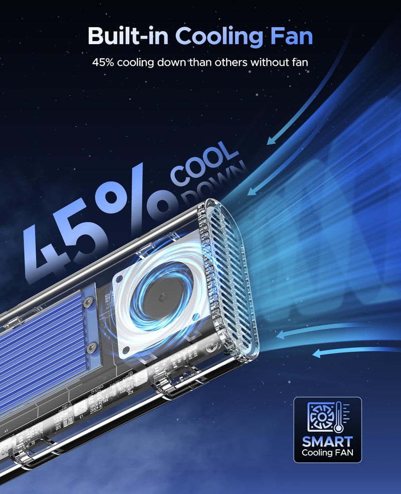 ORICO 40Gbps M.2 NVMe SSD Enclosure with Built-in Cooling Fan, Tool-Free External Hard Drive Enclosure, Support 2230 2242 2260 2280(M Key), Compatible with Thunderbolt 3/4 USB4/3.2/3.1/3.0/2.0-TCM2U4 - Image 3