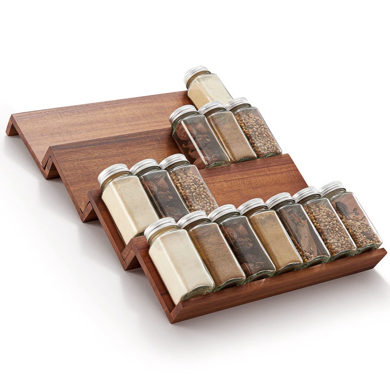 Tinamo Wood Spice Drawer Organizer Acacia Wooden Tray Spice Racks Organizer for Cabinet Storage Shelf 4 Tier Spice Rack for Drawer 32 Jars Pack 4