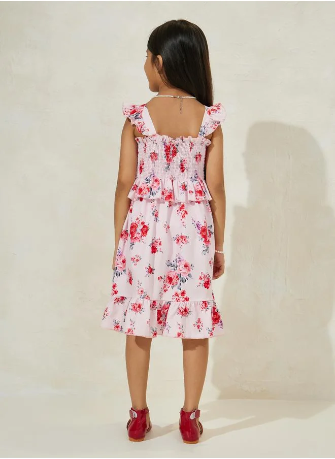 ستايلي Ruched Front Floral Printed Layered Dress