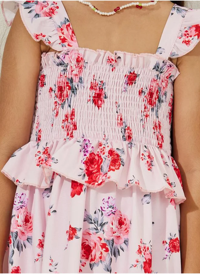 ستايلي Ruched Front Floral Printed Layered Dress