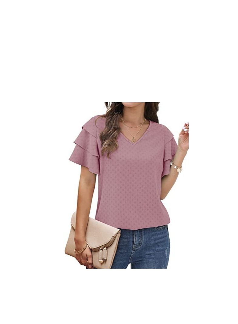 Loquat New Women's V-neck Multi-layer Lotus Sleeve Loose Casual Short Sleeve T-Shirt  - Image 1