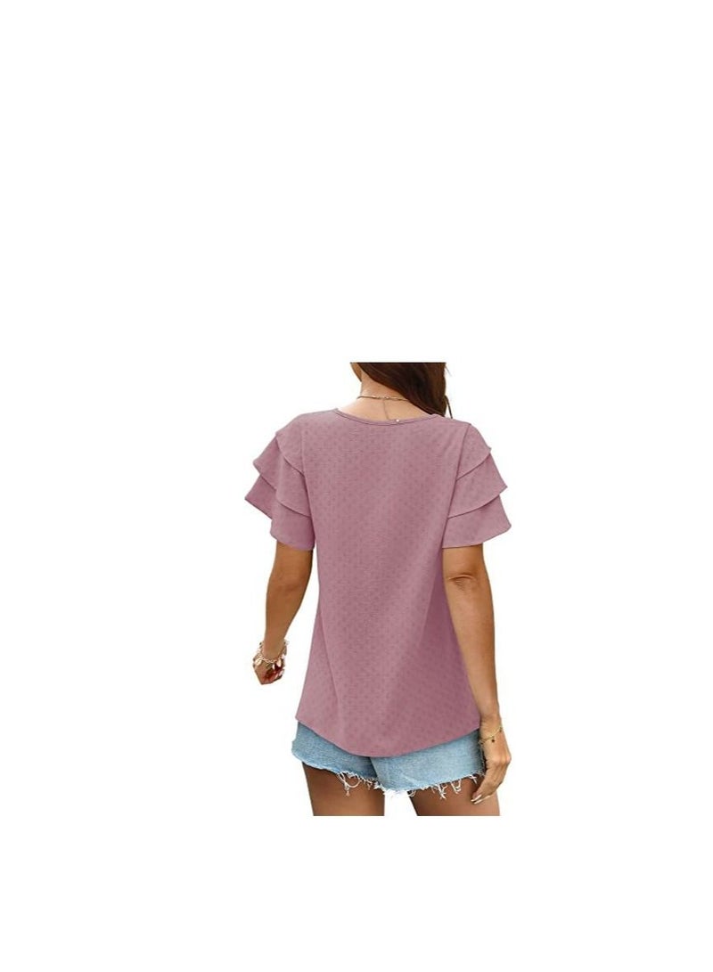 Loquat New Women's V-neck Multi-layer Lotus Sleeve Loose Casual Short Sleeve T-Shirt  - Image 2