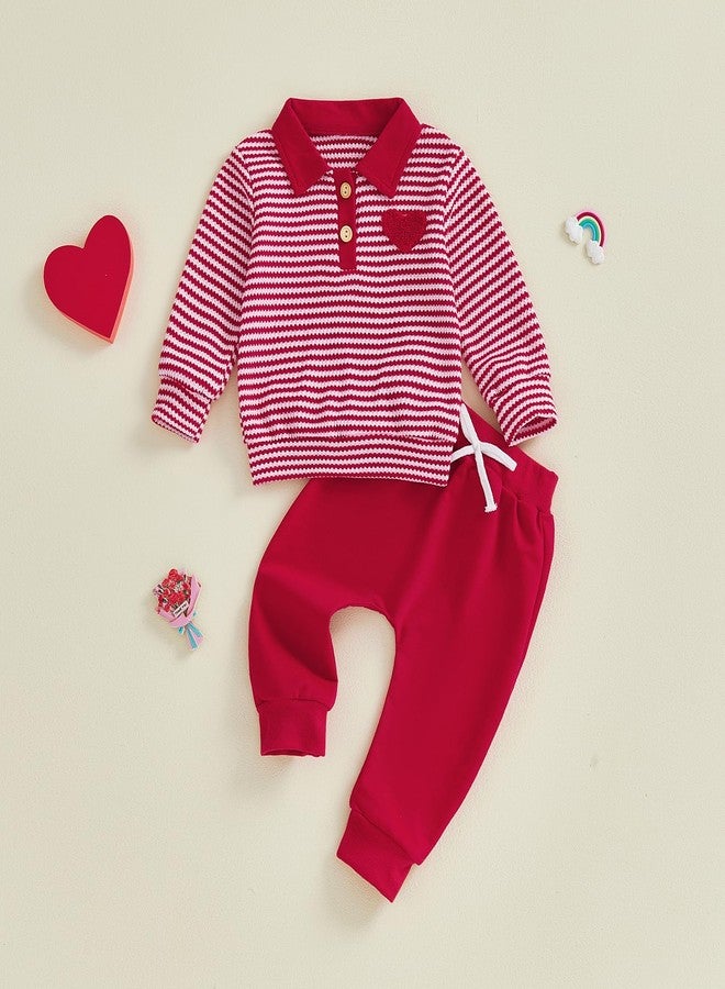 Socutebabe Toddler Baby Boy Valentines Outfit Baby Heart Embroidered Long Sleeve Lapel Button Shirt Pants Valentines Clothes (Love Heart-Red, 2-3T) - Image 3