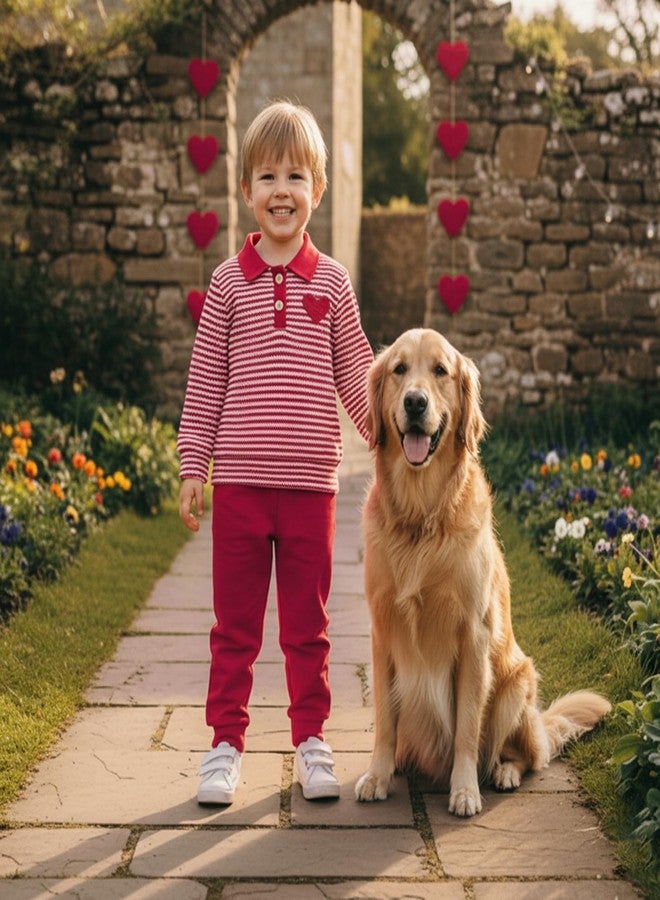 Socutebabe Toddler Baby Boy Valentines Outfit Baby Heart Embroidered Long Sleeve Lapel Button Shirt Pants Valentines Clothes (Love Heart-Red, 2-3T) - Image 2